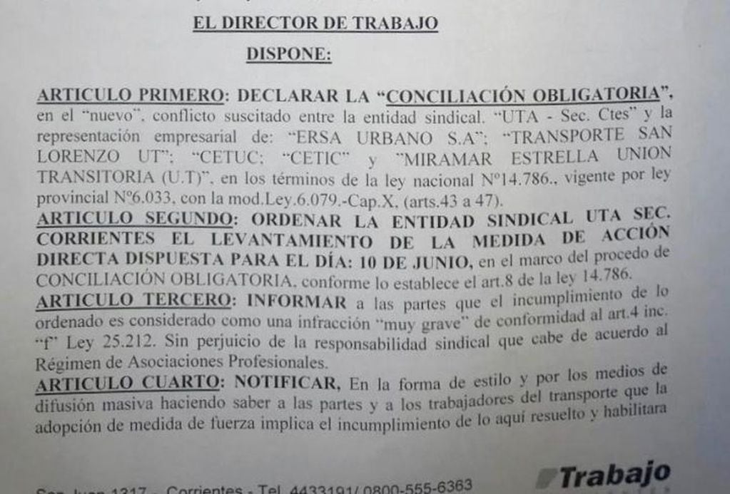 Acta de la Subsecretaría de Transporte de Corrientes