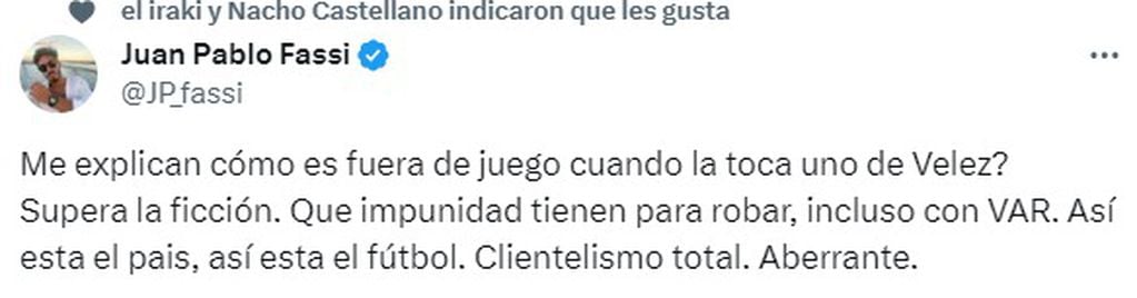 Juan Pablo Fassi, hijo del presidente de Talleres, y otro fuerte reclamo por los arbitrajes.