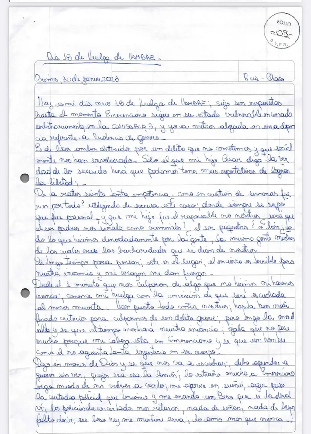 La carta completa de la madre de César Sena, quien acusó a su hijo por el femicidio de Cecilia Strzyzowski.