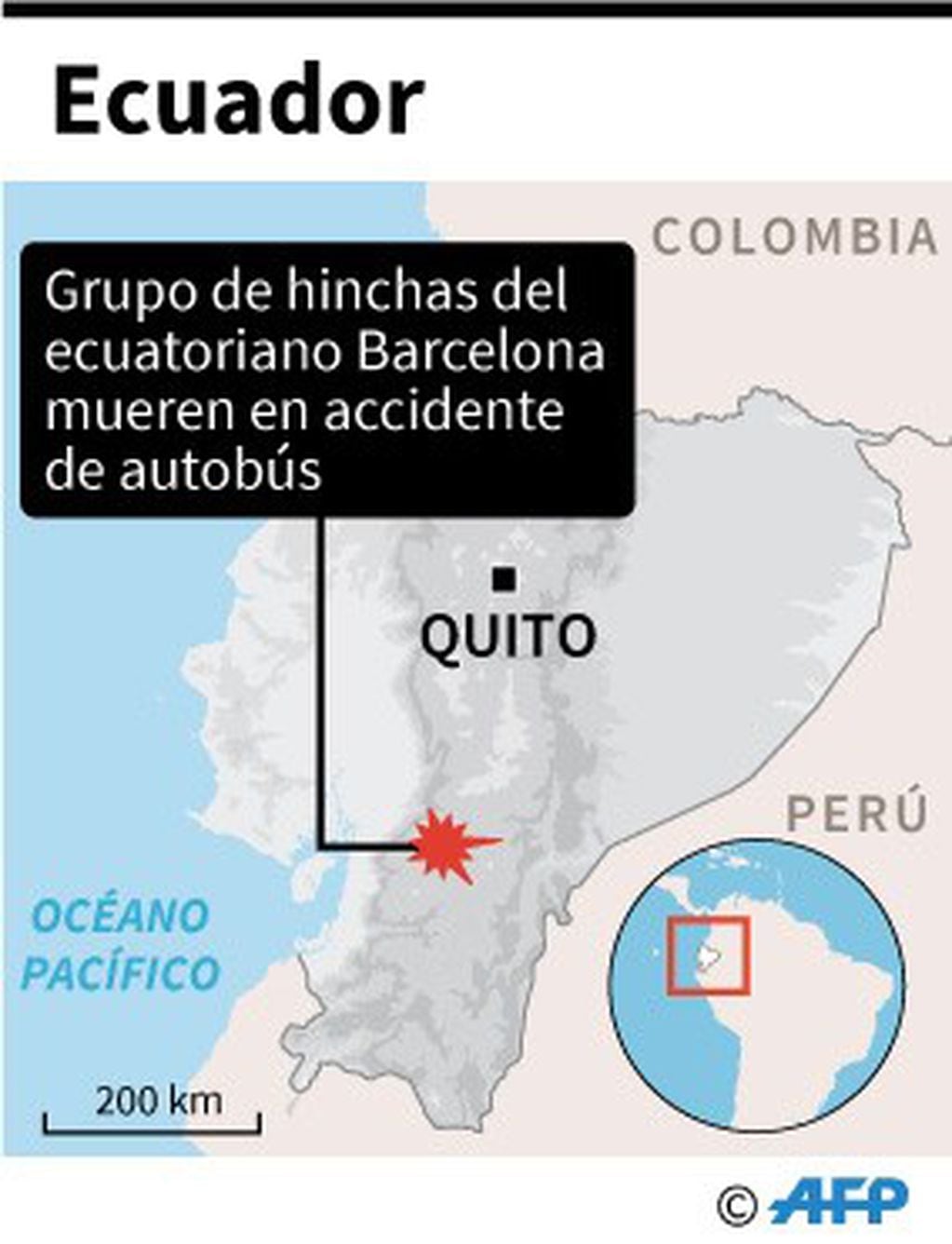 Localización del accidente de autobús en el que murieron 12 hinchas del club Barcelona de Ecuador. (AFP)