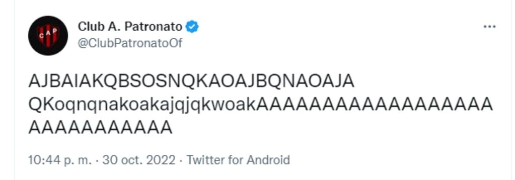 Tweet oficial de Patronato segundos de terminar el partido.