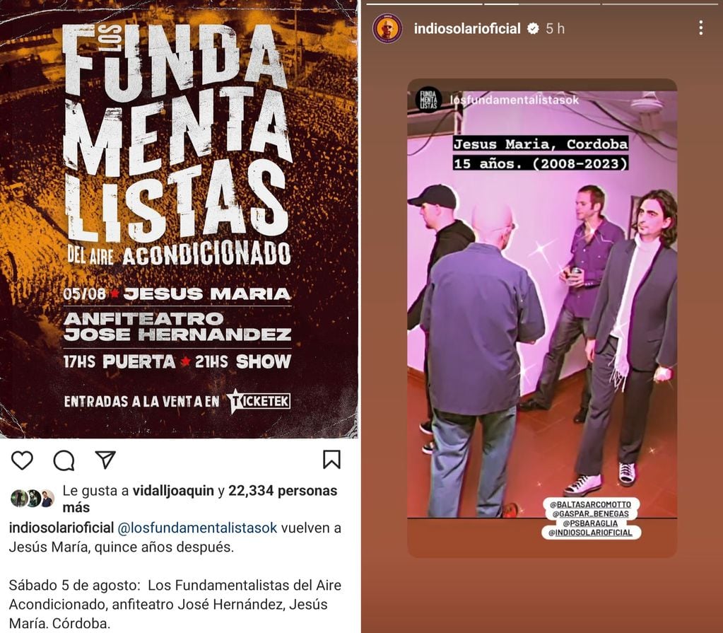 El Indio compartió en sus redes el anuncio de la fecha de los fundamenalistas y un recuerdo de Jesús María hace 15 años. (Instagram Indio Solari)