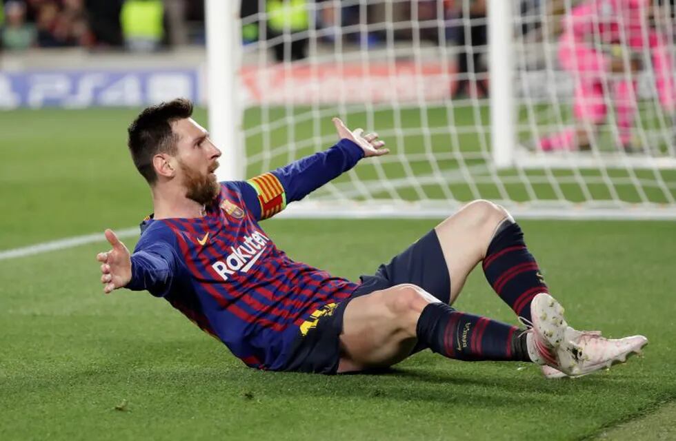 Barcelona's Lionel Messi celebrates after scoring his side's third goal during the Champions League semifinal, first leg, soccer match between FC Barcelona and Liverpool at the Camp Nou stadium in Barcelona, Spain, Wednesday, May 1, 2019. (AP Photo/Emilio Morenatti)