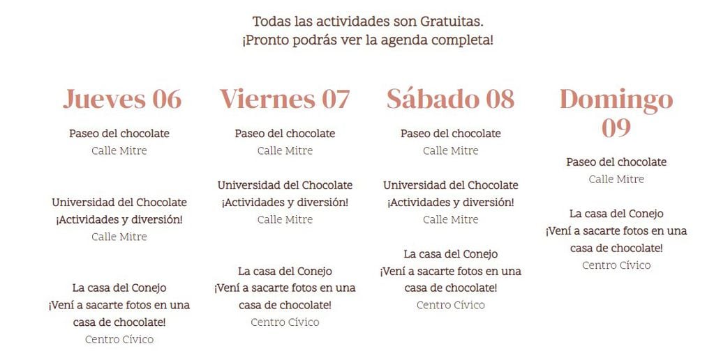 Cronograma de actividades para la Fiesta Nacional del Chocolate 2023.
