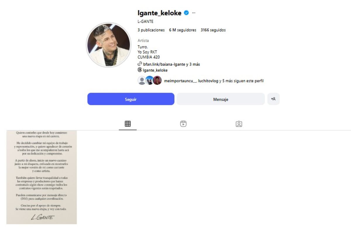 Los cambios en el perfil de Instagram de L-Gante.