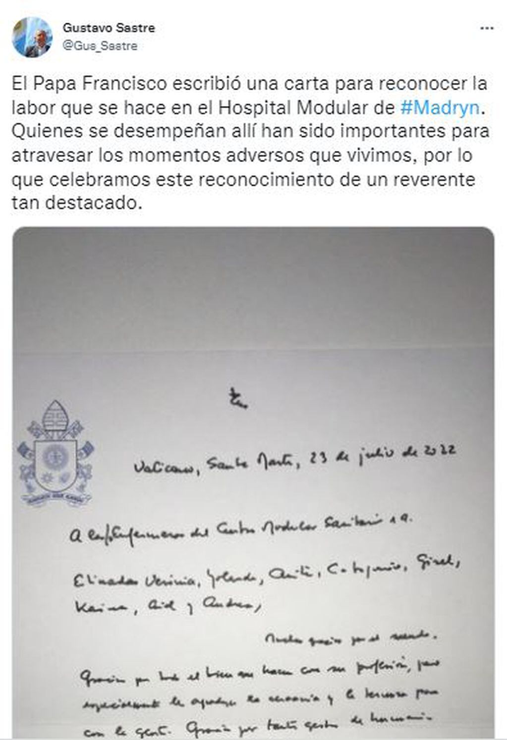 Gustavo Sastre dio a conocer la carta que escribió el Papa Francisco a las enfermeras chubutenses.