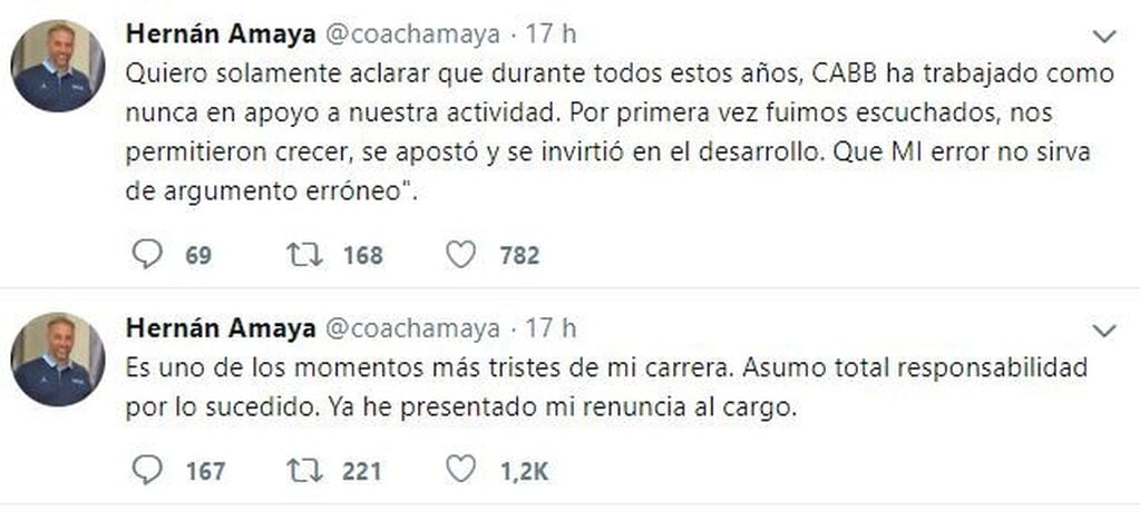 La publicación de Hernán Amaya, quien renunció a su cargo (Foto: captura Twitter)