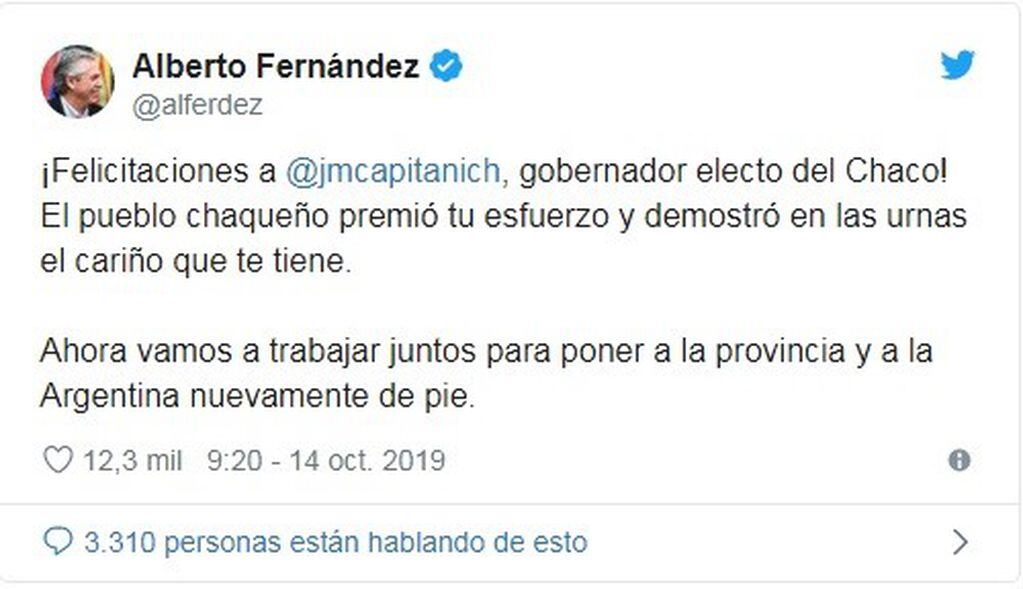 Capitanich recibió las felicitaciones de Alberto Fernández por su victoria electoral. (Web).