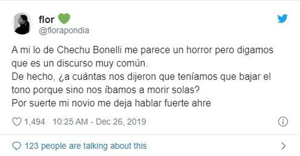 Las mujeres criticaron duramente a Chechu Bonelli en Twitter por sus frases patriarcales (Foto: Captura de Twitter)