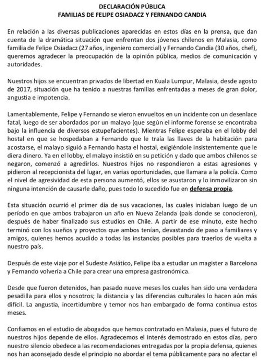 El comunicado de las familias de Felipe Osiadacz y Fernando Candia