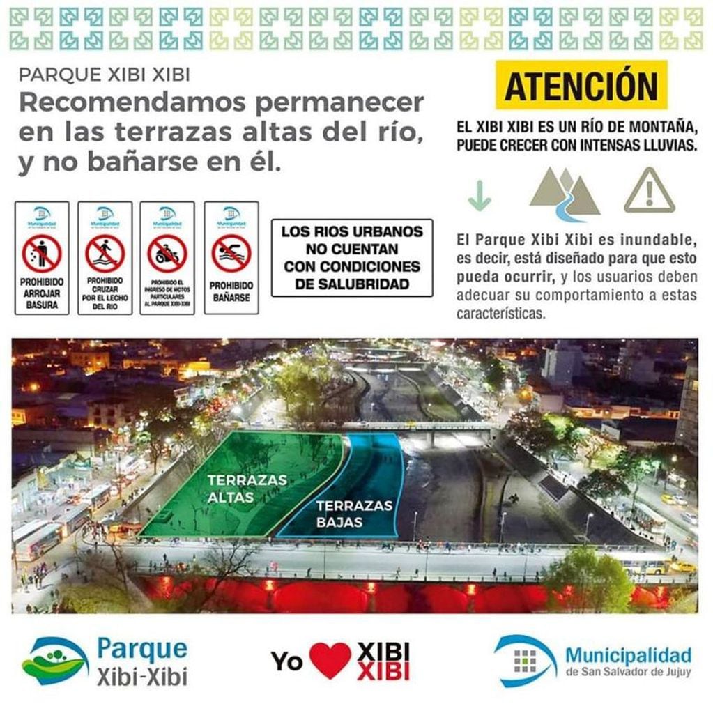 Infografía referida al comportamiento del Parque Lineal Xibi Xibi en caso de un aumento del caudal del río, distribuida por la Municipalidad de San Salvador de Jujuy.