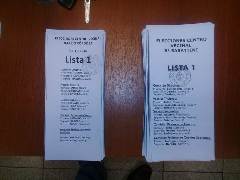 Listas únicas que se presentaron en las elecciones de los Centros Vecinales de Barrio Córdoba y Sabattini.