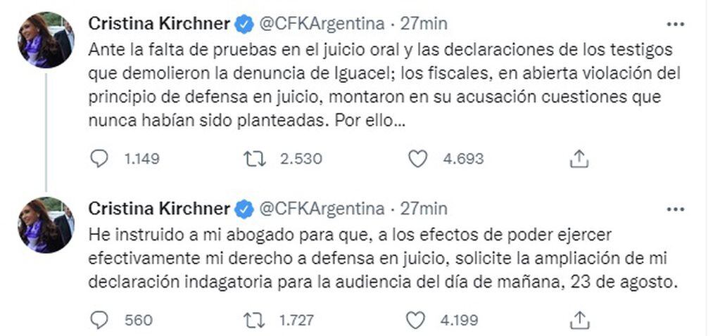 Cristina Kirchner pidió ampliar su declaración indagatoria (Twitter)