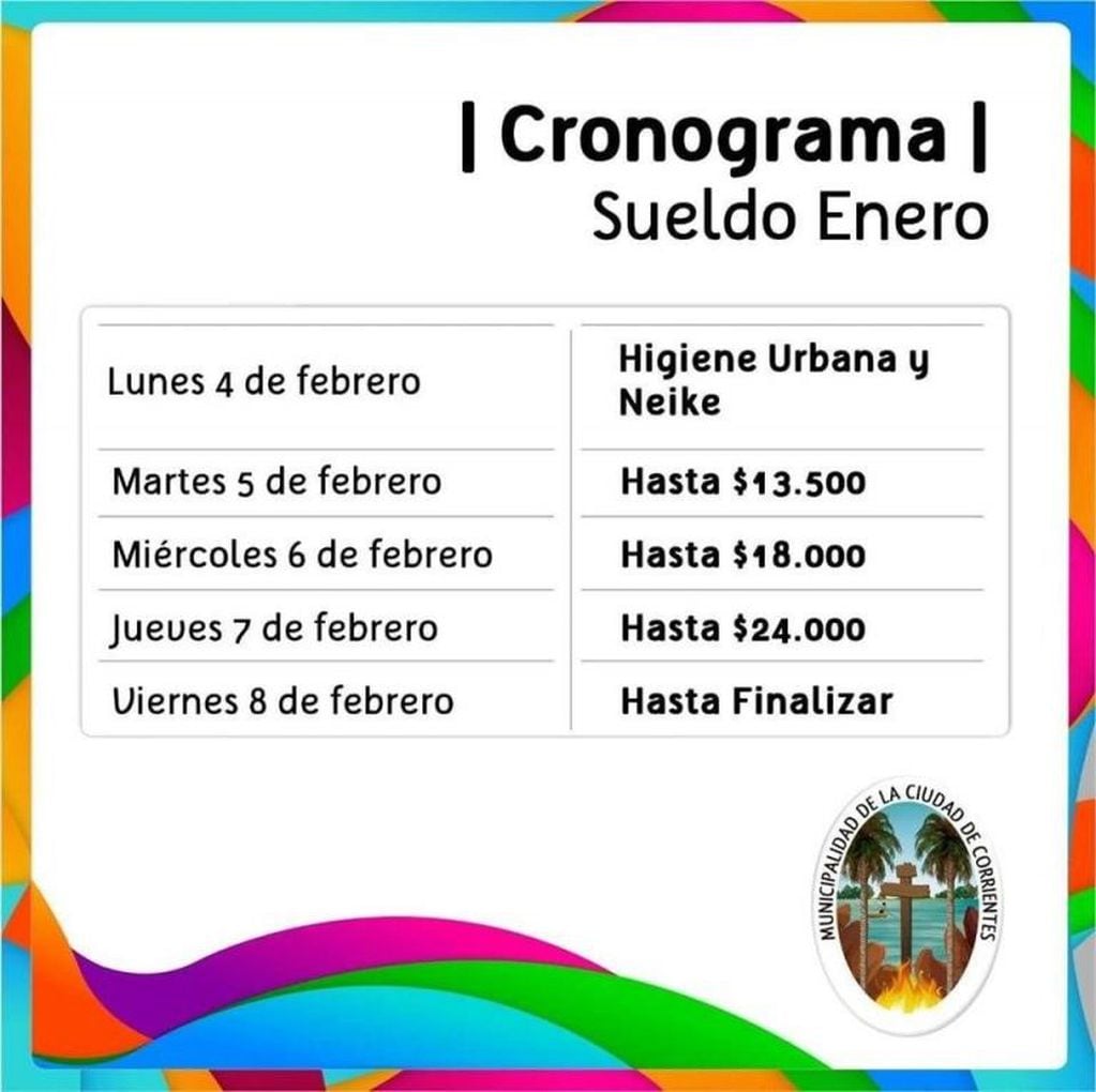 Cronograma sueldo enero Municipalidad de Corrientes