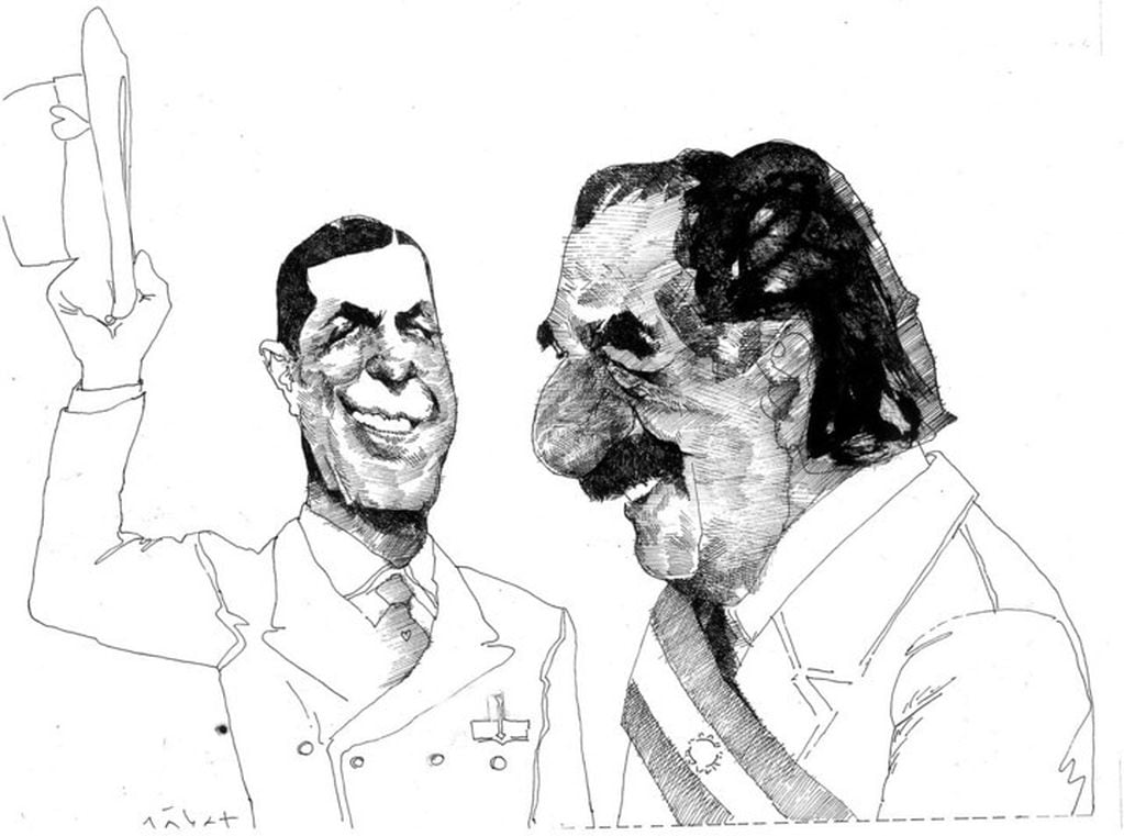 Raúl Alfonsín junto a Carlos Gardel, por Menchi Sábat. Ilustración publicada por Clarín en 1982 (Clarín)