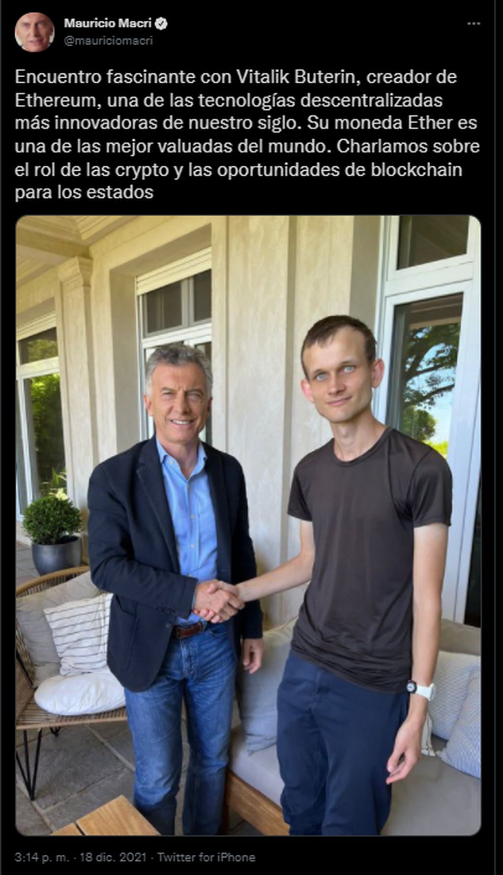 El ex presidente Mauricio Macri se reunió con el creador de una de las criptomonedas más importantes del mundo