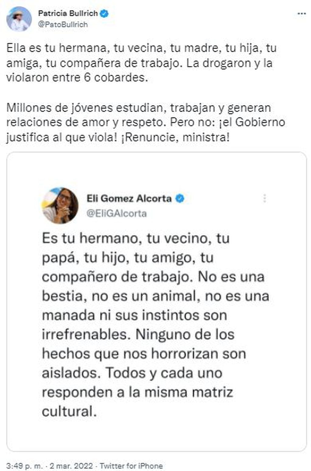 Patricia Bullrich le respondió a la ministra de la Mujer por sus dichos sobre la violación grupal en Palermo. (Captura de Twitter / @PatoBullrich)