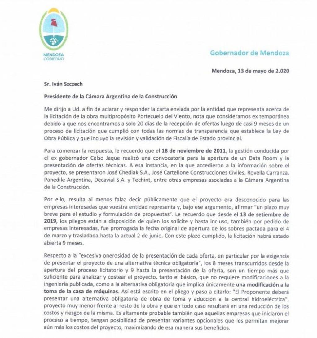 Respuesta del Gobierno de Mendoza a la Cámara Argentina de la Construcción