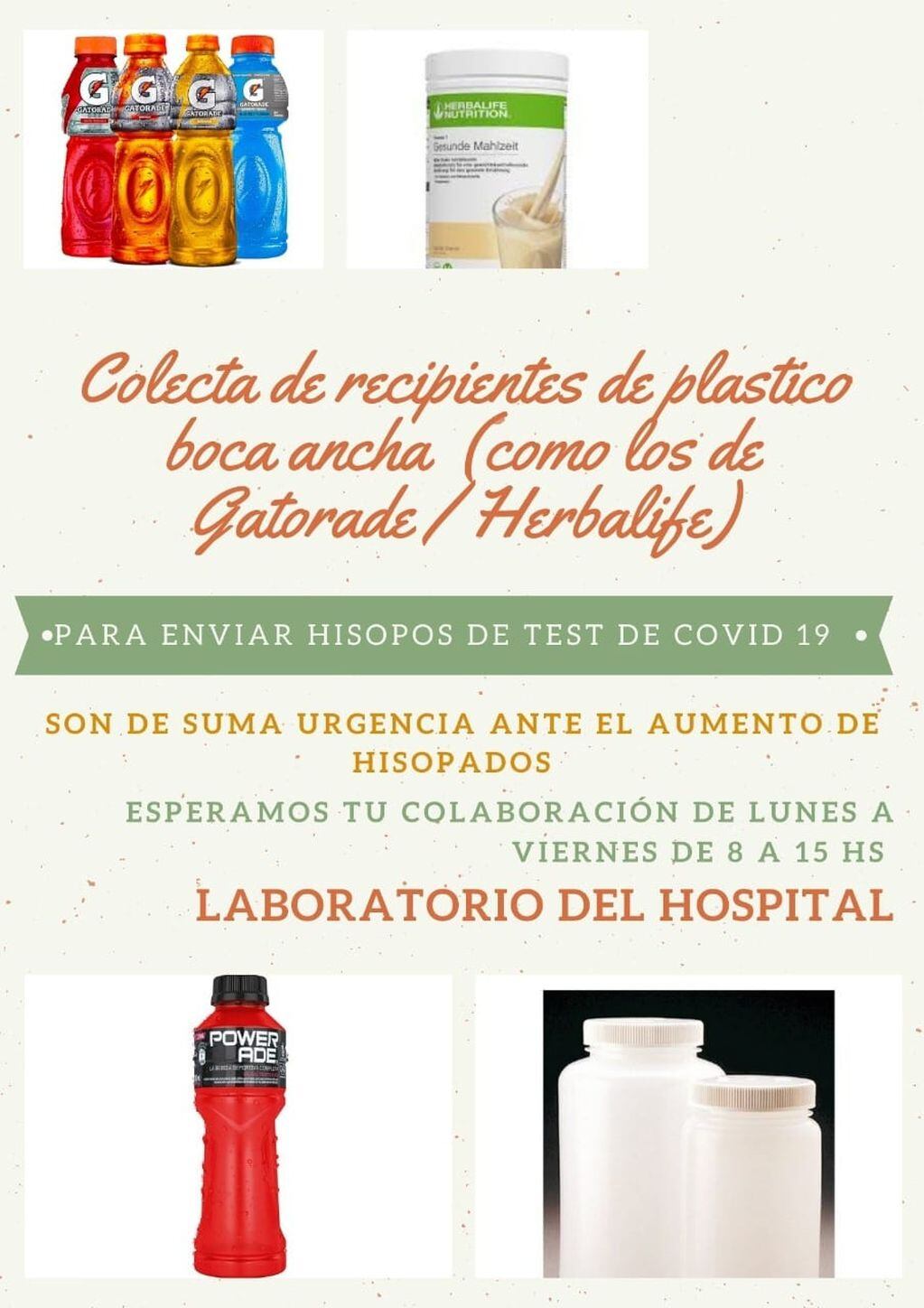 El Hospital de Aluminé comenzó una colecta de recipientes para trasladar los hisopados de COVID-19.