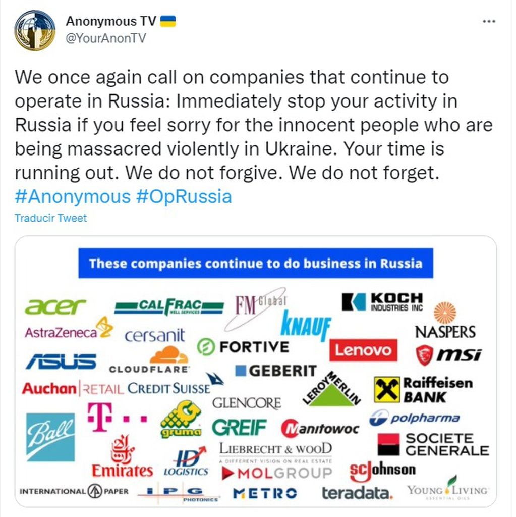 La amenaza de Anonymous sobre empresas que operan en Moscú.