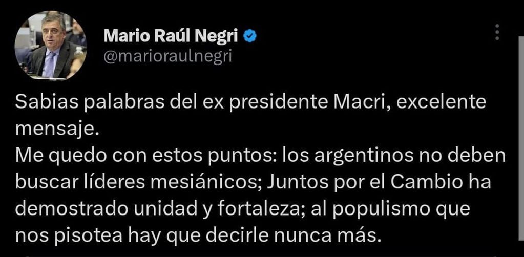 El mensaje de Mario Negri tras el anuncio de Mauricio Macri.