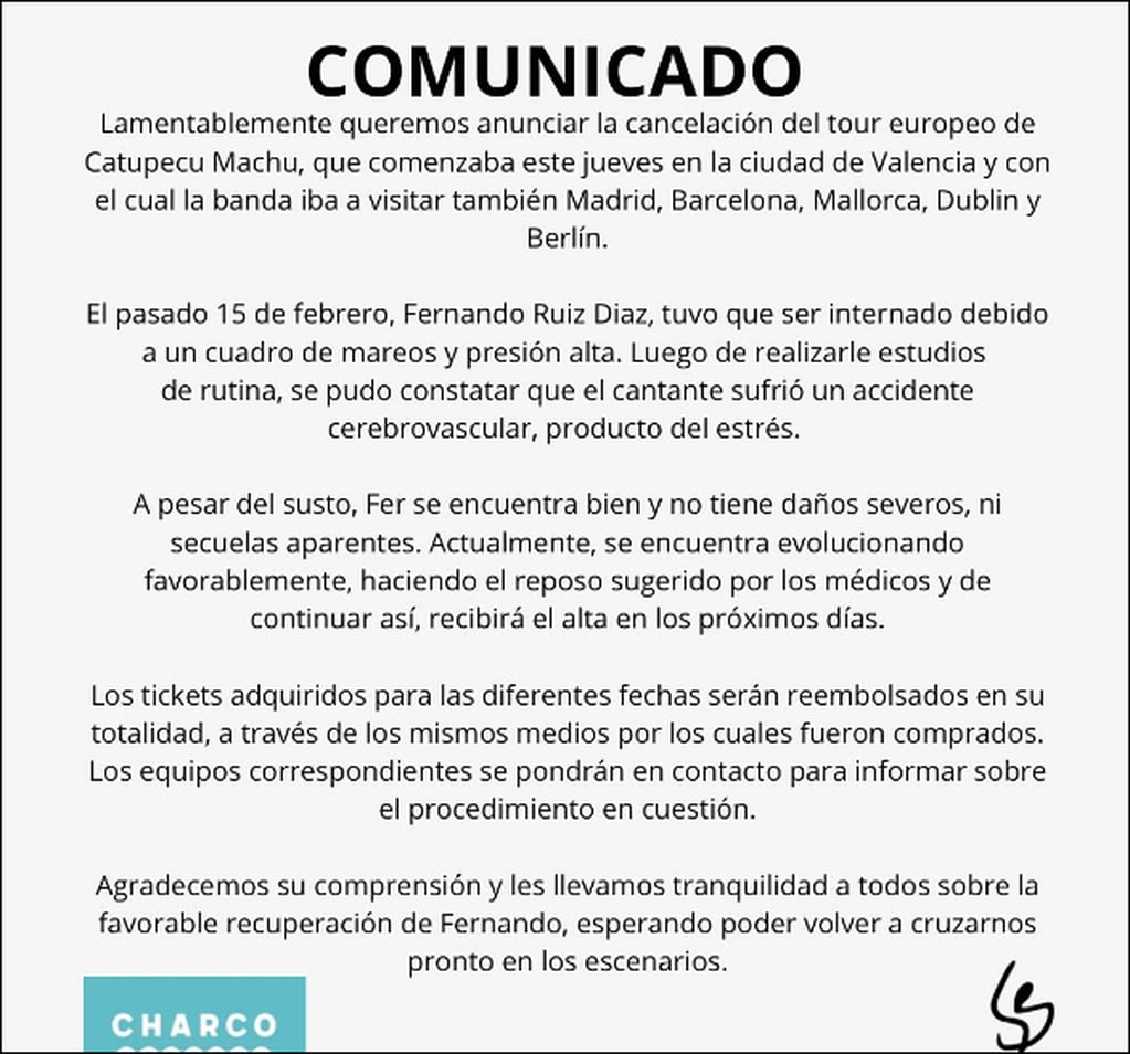 El comunicado de Catupecu Machu tras el ACV de Fernando Ruiz Díaz.