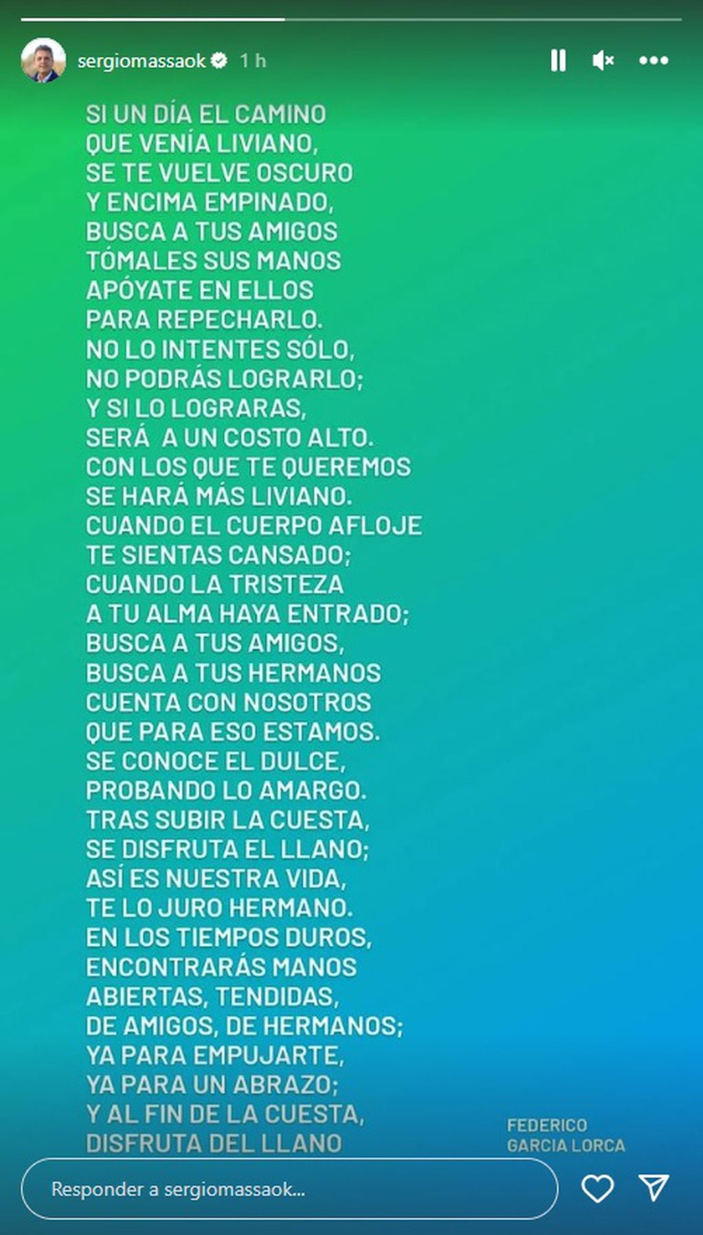 Sergio Massa compartió un poema en su reaparición en las redes sociales. Foto: Instagram/sergiomassaok