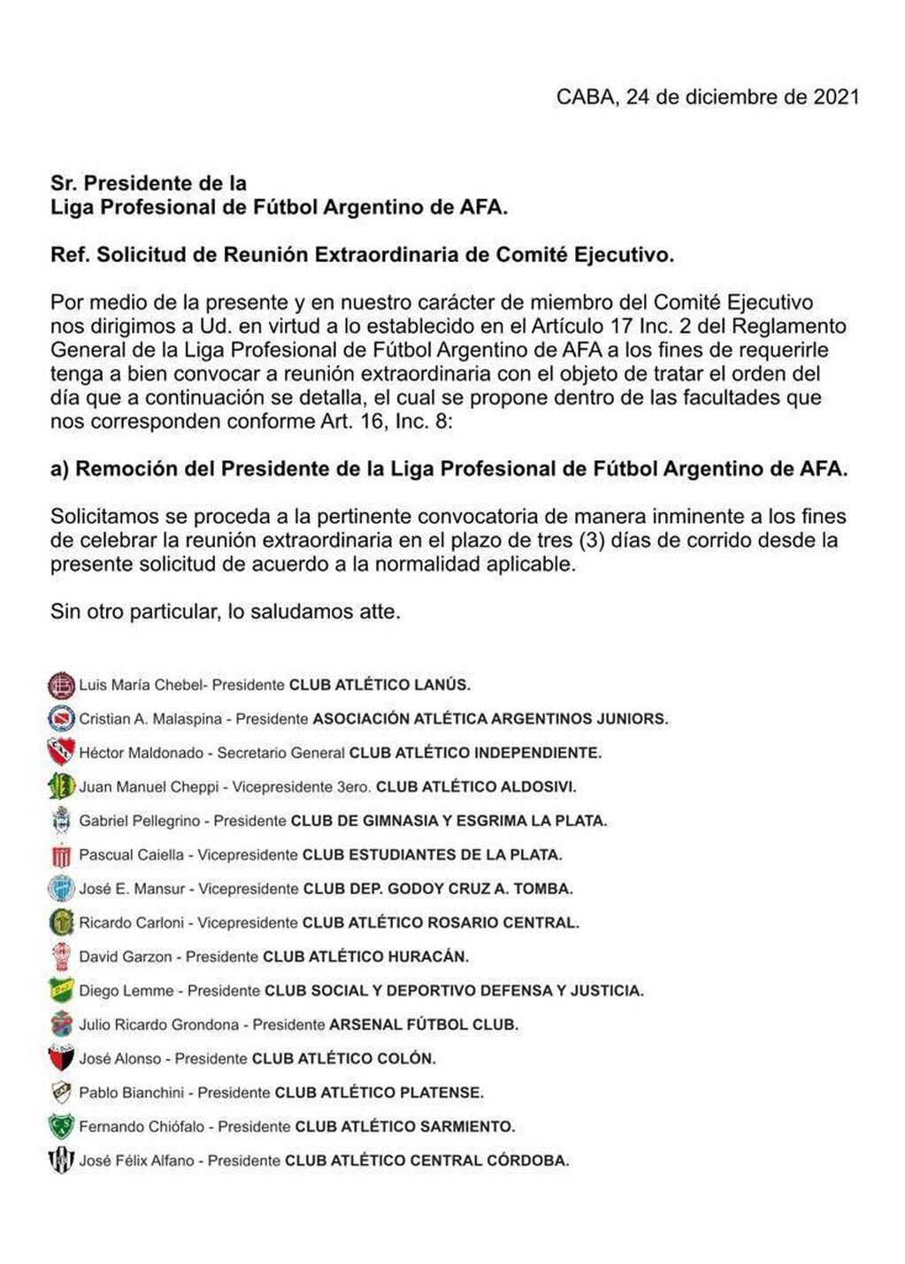 La carta y el pedido de 15 clubes contra Tinelli. (Captura web).