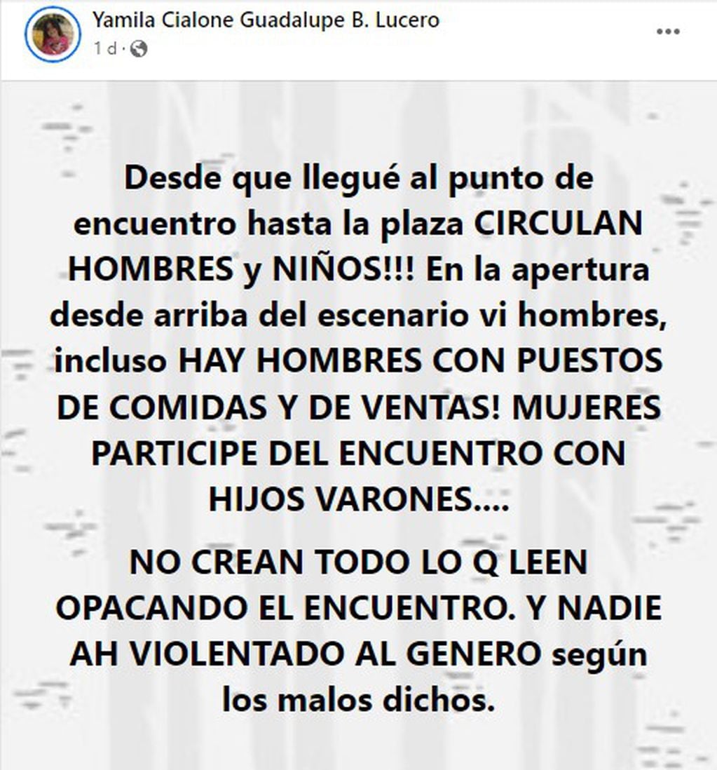 Posteo de la mamá de Guadalupe Lucero sobre el Encuentro Nacional de Mujeres