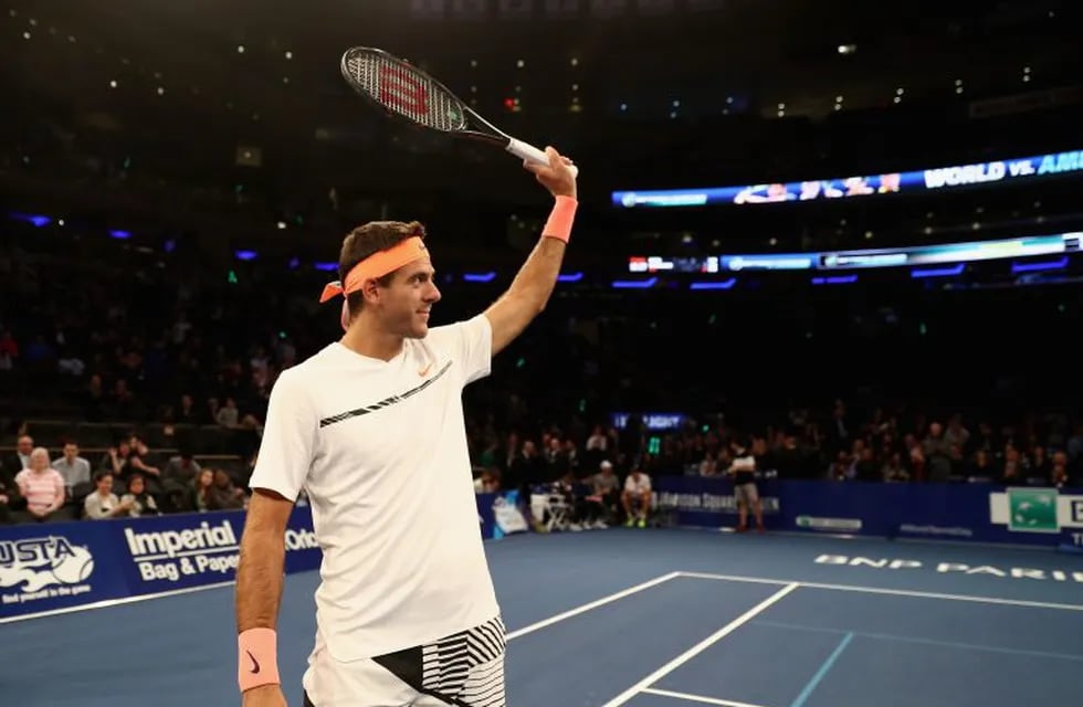 NEW YORK, NY - MARCH 06: Juan Martin del Potro of Team Americas waves to fans while playing against Kei Nishikori (not pictured) of Team World in their Men's Singles match during the BNP Paribas Showdown at Madison Square Garden on March 6, 2017 in New Yo