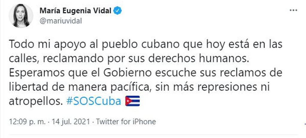 María Eugenia Vidal, exgobernadora de la provincia de Buenos Aires, se manifestó a favor de las protestas contra el gobierno comunista de Cuba.