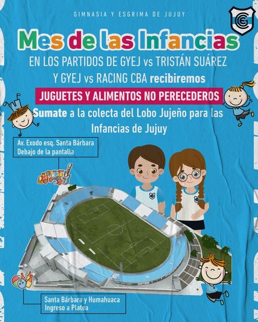 En el "mes de las infancias", el club Gimnasia y Esgrima de Jujuy realiza una colecta de juguetes y alimentos no perecederos en la que los aficionados están convocados a colaborar este domingo.