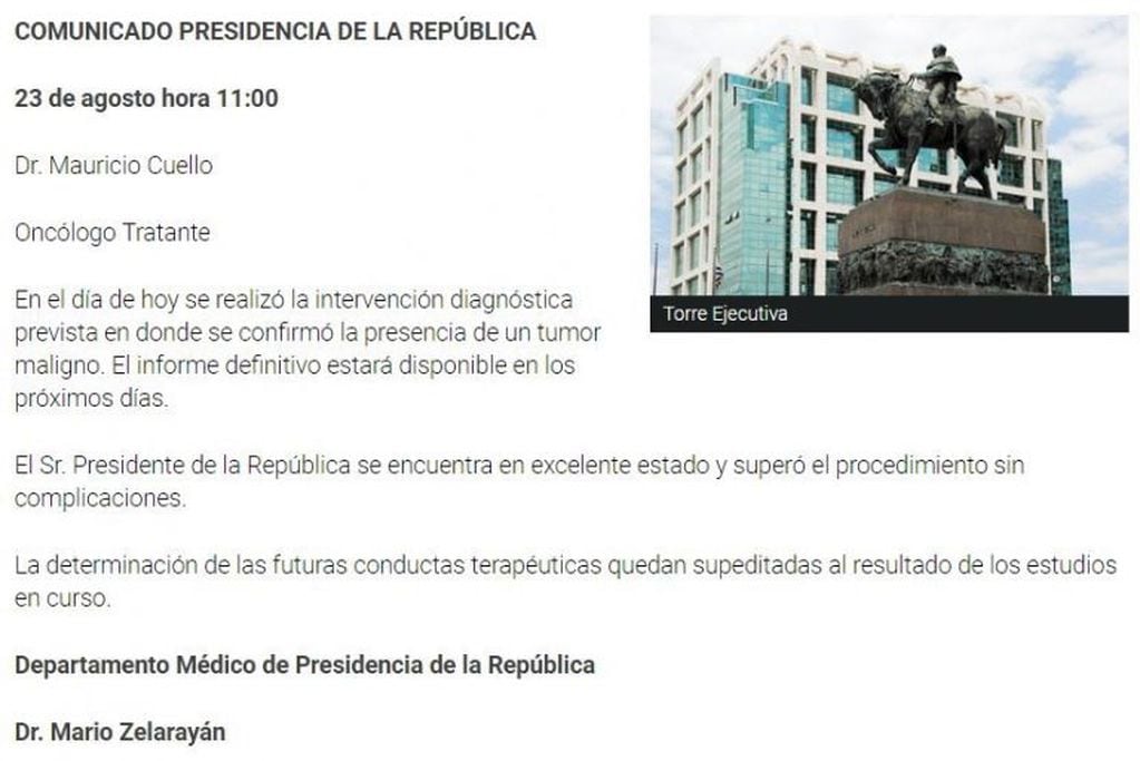 El comunicado oficial de Presidencia de Uruguay sobre el tumor maligno que tiene Tabaré Vázquez. (presidencia.gub.uy)