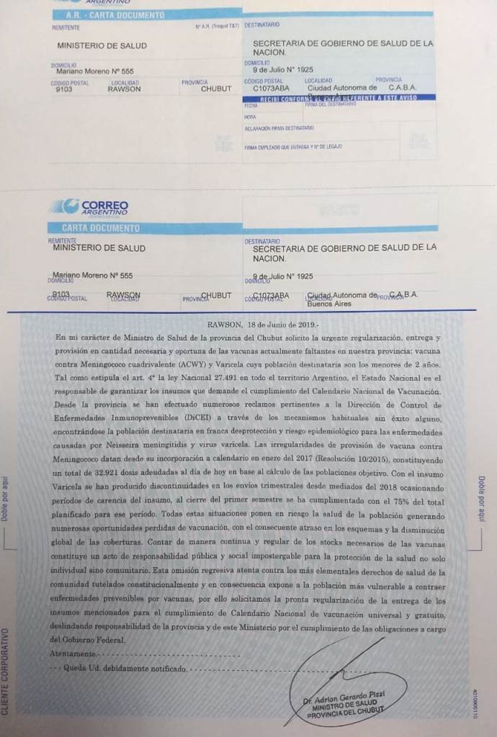 Carta documento de Ministerio de Salud de Chubut