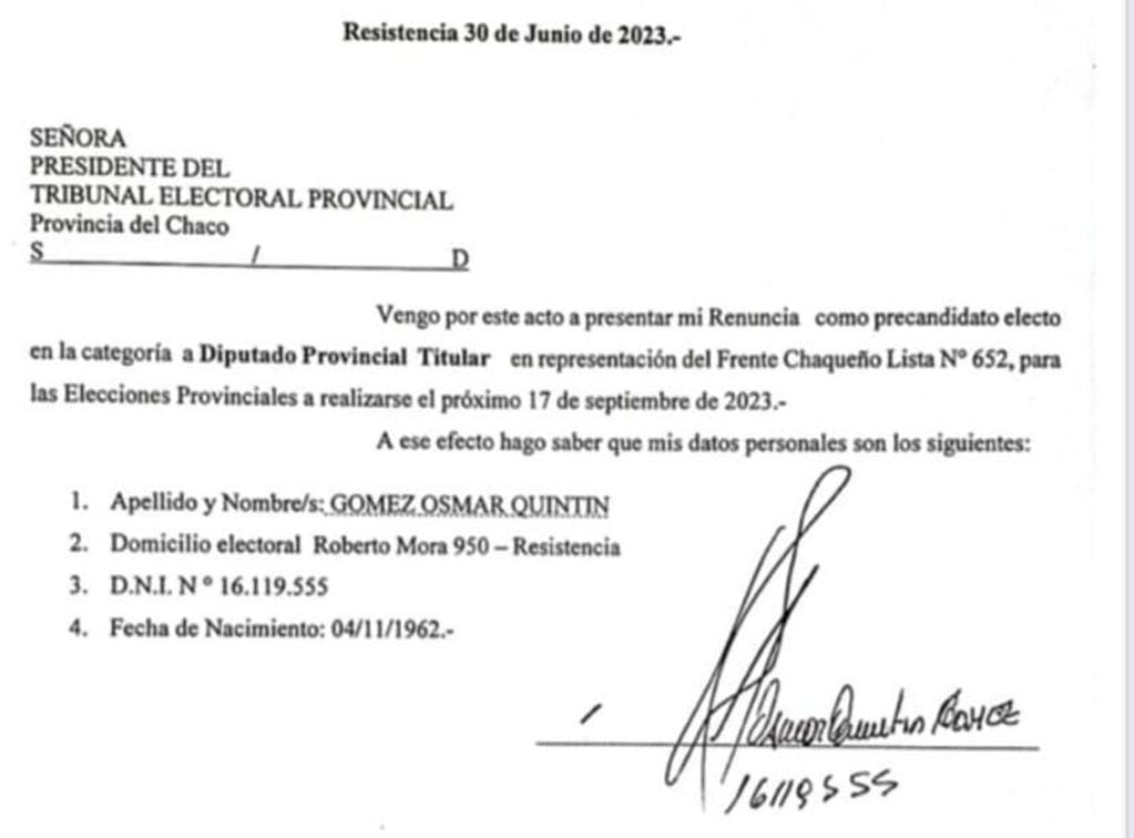La renuncia de "Quintín" Gómez a su candidatura para el Frente Chaqueño.