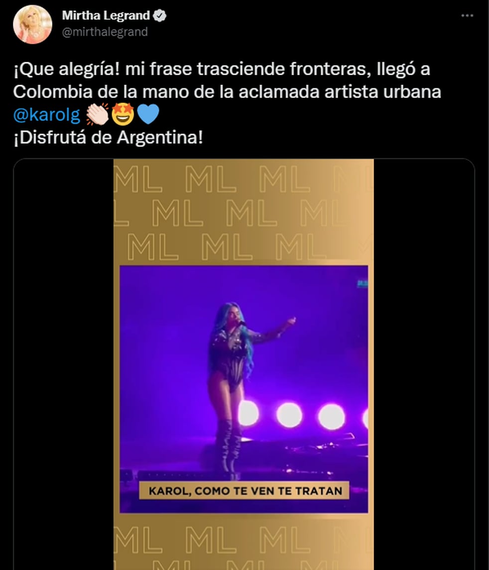 Karol G citó la famosa frase de Mirtha Legrand en su concierto y la diva reaccionó en Twitter.