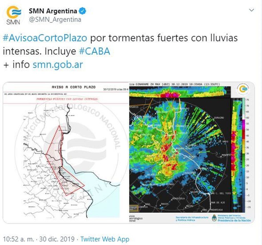 Aviso del Servicio Meteorológico Nacional (SMN).