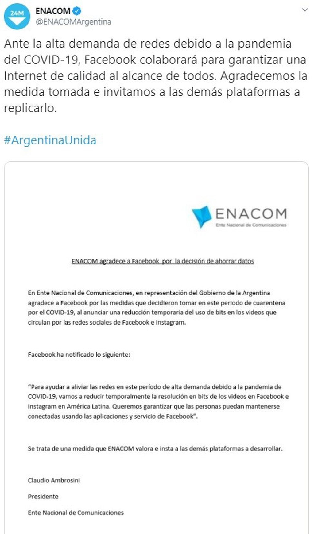 El comunicado oficial de Enacom. (Twitter)