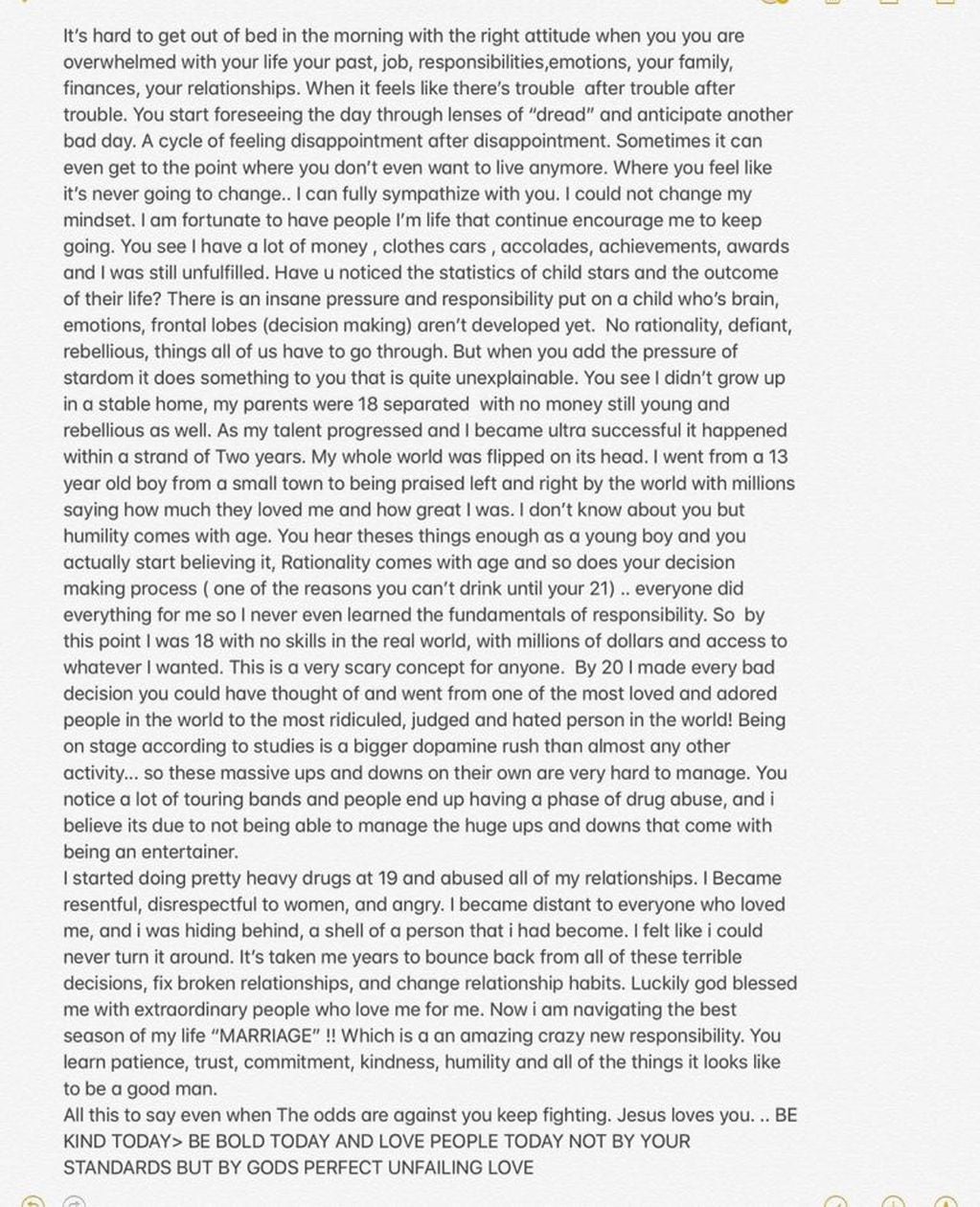 La carta que Justin Bieber publicó en sus redes sociales  (Foto: Instagram/ justinbieber)