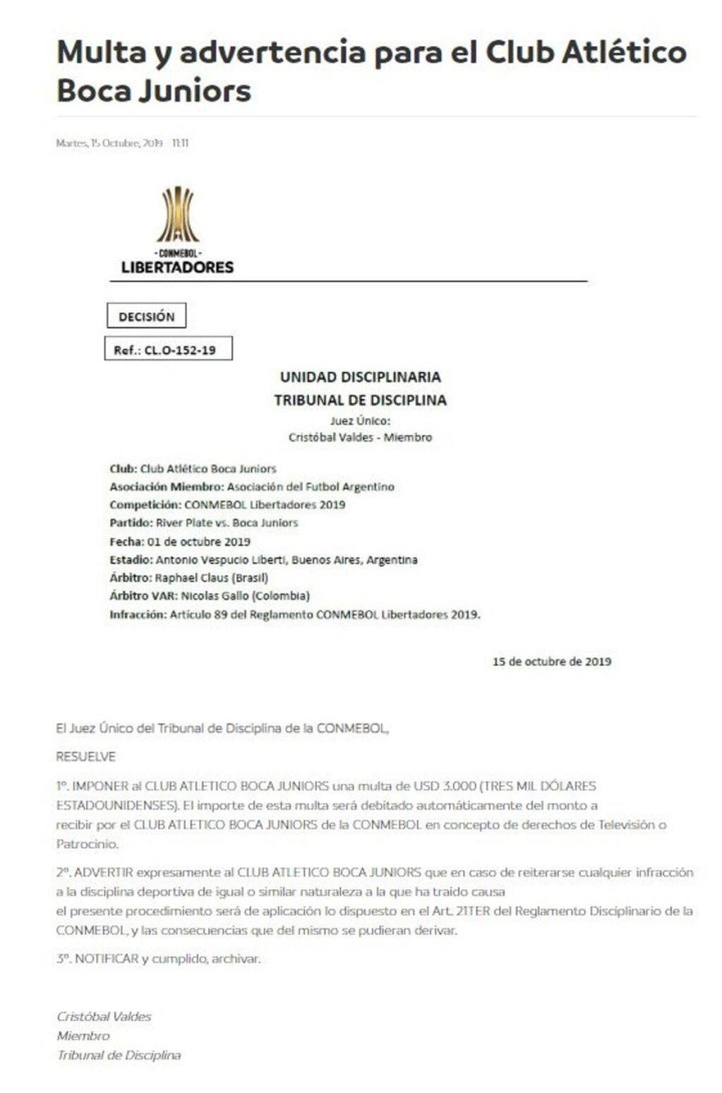 El comunicado de Conmebol anunciando la sanción a Boca (Foto: web)