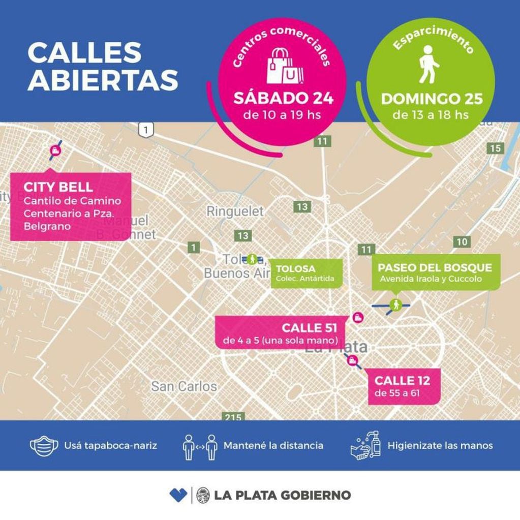 Tras el éxito de la prueba piloto, el fin de semana vuelven a peatonalizar distintas calles platenses (Municipalidad de La Plata)
