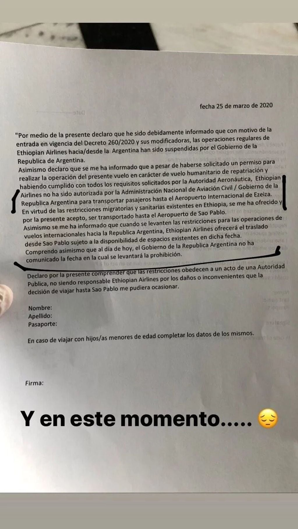 La declaracion jurada que tuvo que firmar Belen Casetta. (Instagram)