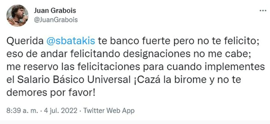 El tuit de Juan Grabois que le dedicó a Silvina Batakis.