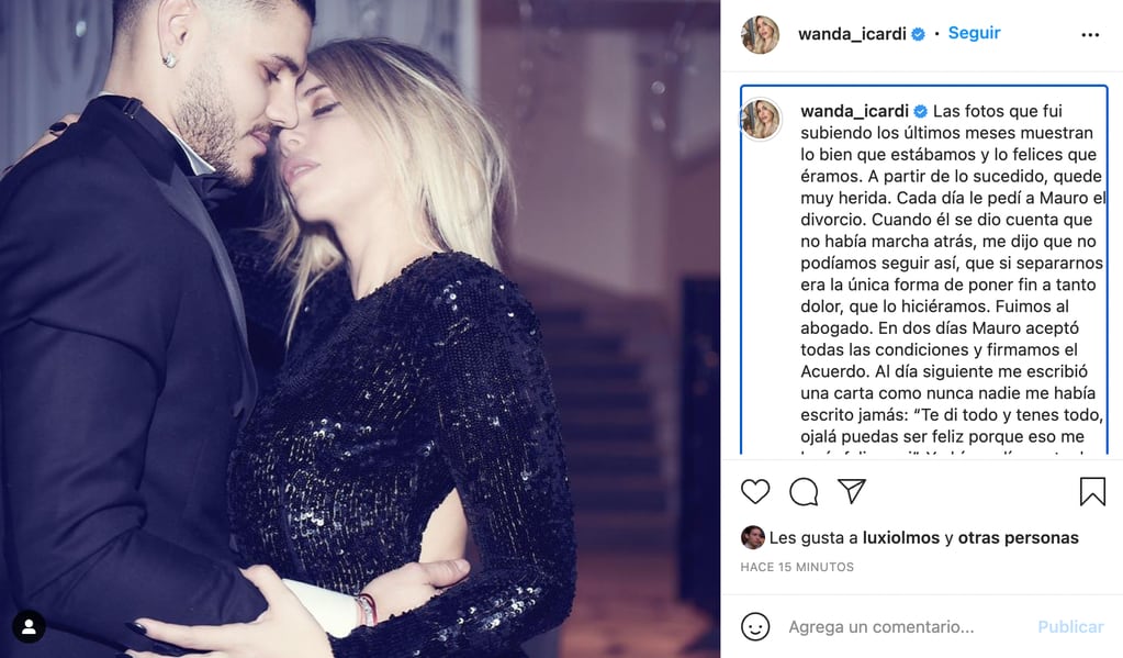 El posteo que Wanda Nara eliminó de Instagram y con el que había confirmado su reconciliación con Mauro Icardi.