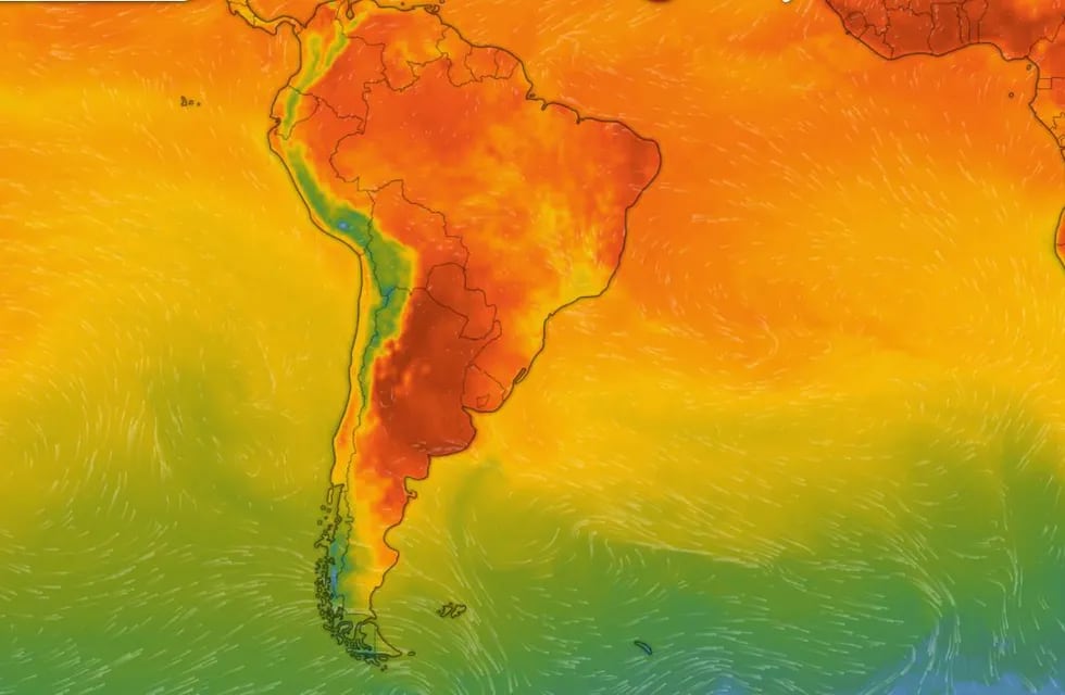 Las temperaturas del lunes 10 en Argentina, entre las más altas del mundo. (Captura de Windy)