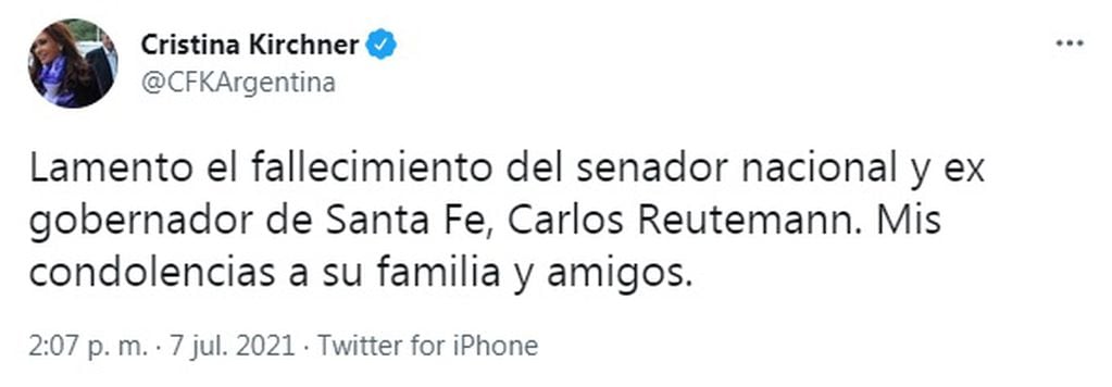 Cristina despidió a Carlos Reutemann en Twitter