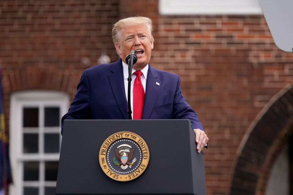 President Donald Trump speaks during a Memorial Day ceremony at Fort McHenry National Monument and Historic Shrine, Monday, May 25, 2020, in Baltimore\u002E (AP Photo/Evan Vucci)