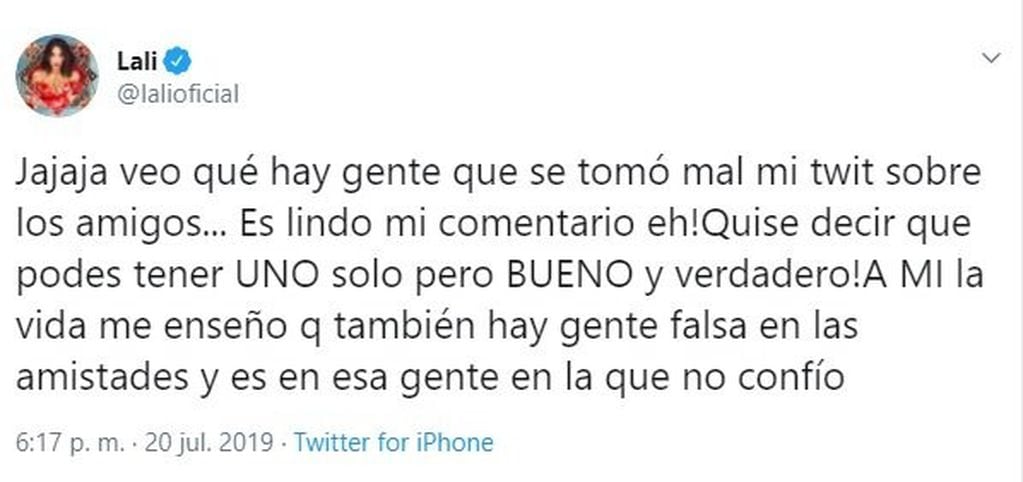 El tuit de Lali Espósito que causó polémica y las explicaciones (Foto: Captura)