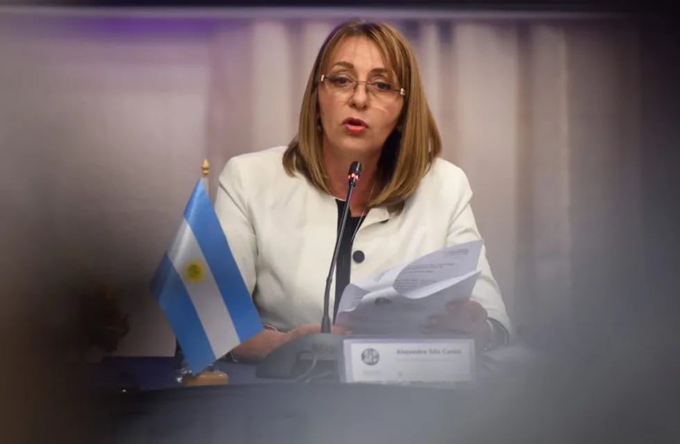 Argentinian  General Prosecutor Alejandra Gils Carbo speaks during a press conference  during an extraordinary meeting of Ibero-American prosecutors in Buenos Aires, on July 13, 2017. \nProsecutors expressed strong support for the Venezuelan General Attorney Luisa Ortega -the most high-profile official to break ranks with Venezuelan President Nicolas Maduro- and her Argentinian counterpart, Alejandra Gils Carbó in the eye of the storm over questions about his impartiality by the government of Argentinian President Mauricio Macri. / AFP PHOTO / EITAN ABRAMOVICH