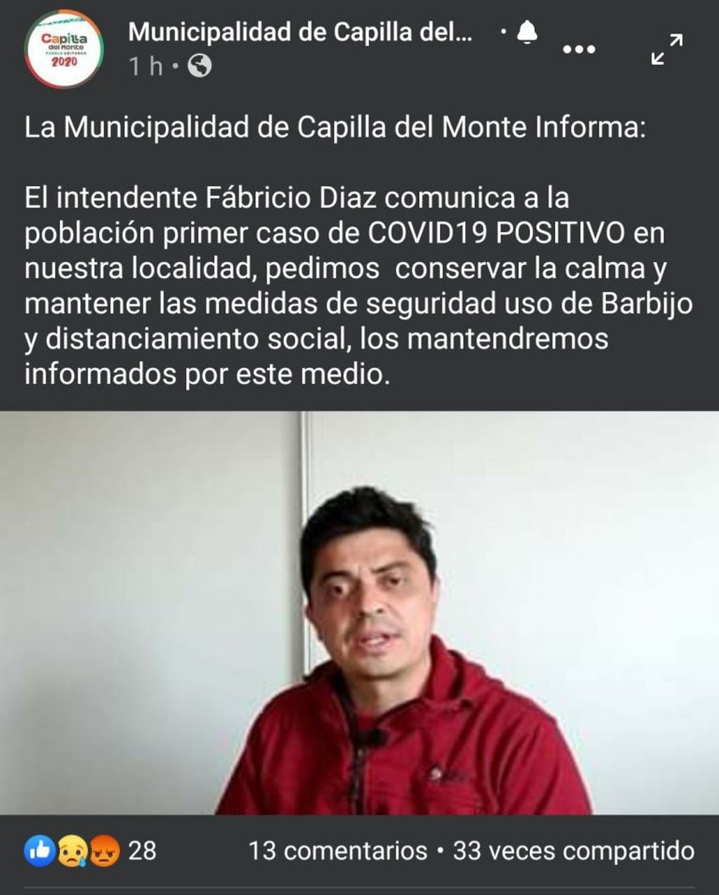 Comunicado oficial del intendente de Capilla del Monte, Fabricio Díaz.